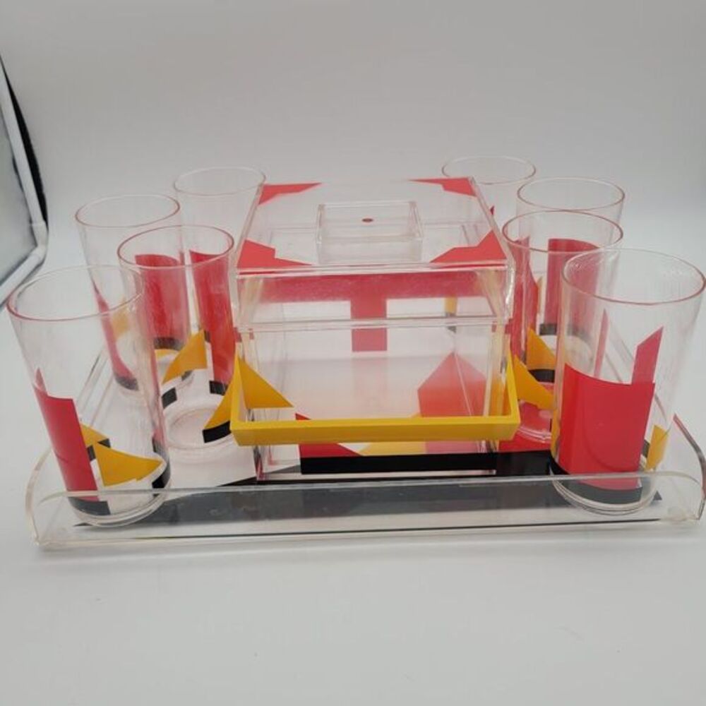 VTG 10pc Acrylic‎ Art Deco Ice Bucket High Ball Tumblers & Serving Tray